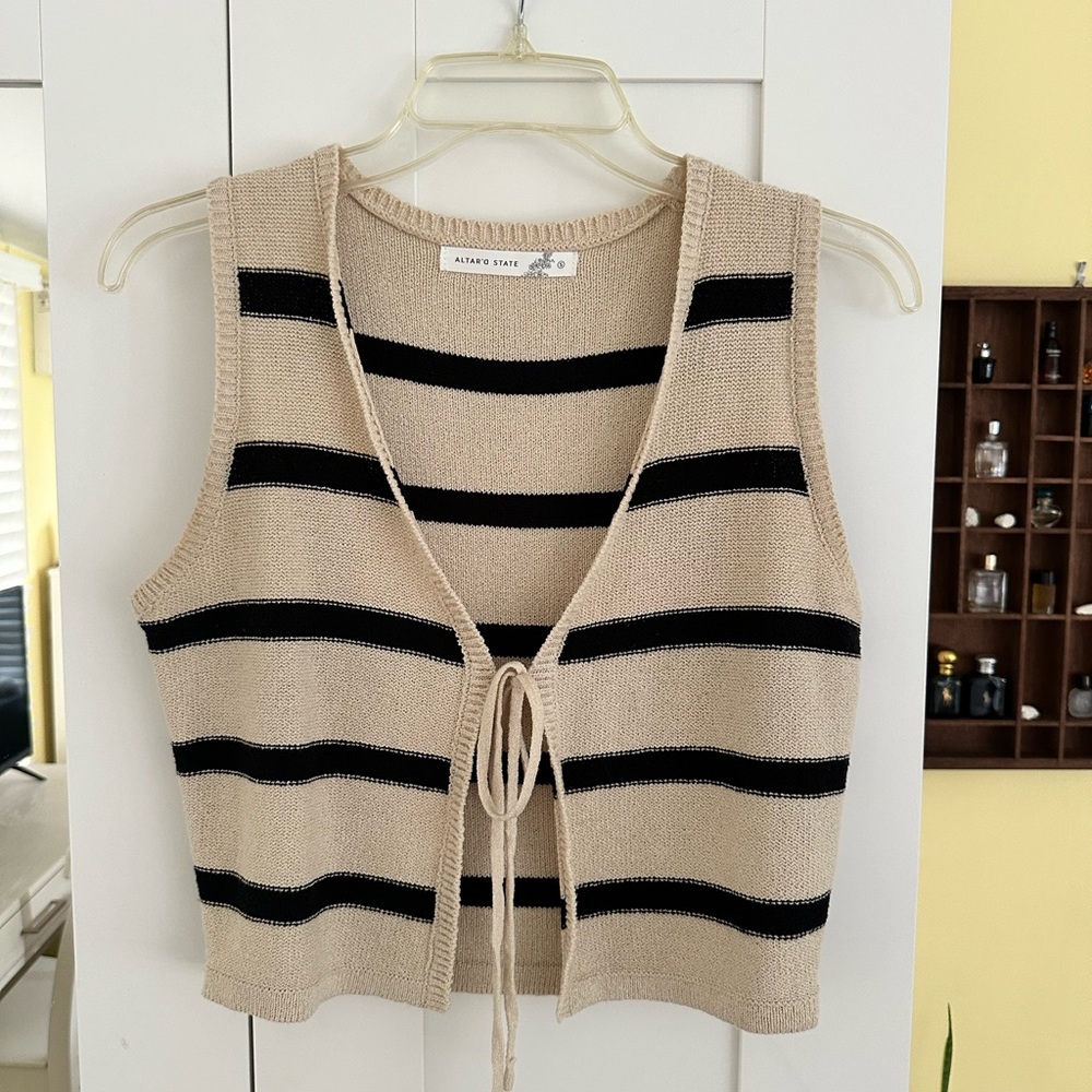 Altar'd State Cream & Black Striped Knit Tie-Front Sweater Vest